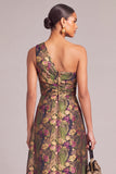 Black Floral A-Line One Shoulder Long Formal Dress