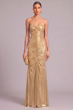 Golden Mermaid Metallic Strapless Ruched Long Formal Dress
