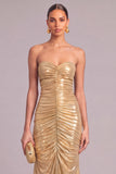 Golden Mermaid Metallic Strapless Ruched Long Formal Dress