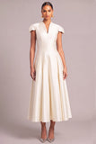 White A-Line V-Neck Pleated Midi Formal Dress