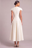 White A-Line V-Neck Pleated Midi Formal Dress
