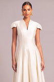 White A-Line V-Neck Pleated Midi Formal Dress