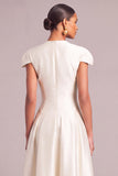 White A-Line V-Neck Pleated Midi Formal Dress