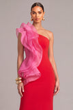 Raspberry Sheath One Shoulder Ruffled Long Formal Dress