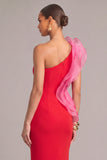 Raspberry Sheath One Shoulder Ruffled Long Formal Dress