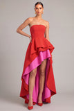 Raspberry Strapless High-Low Ruffled Formal Dress