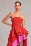 Raspberry Strapless High-Low Ruffled Formal Dress