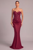 Corset Burgundy Floral Mermaid Strapless Long Ruched Formal Dress