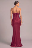 Corset Burgundy Floral Mermaid Strapless Long Ruched Formal Dress