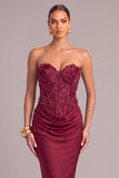 Corset Burgundy Floral Mermaid Strapless Long Ruched Formal Dress