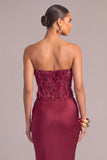 Corset Burgundy Floral Mermaid Strapless Long Ruched Formal Dress