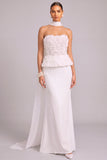 White Mermaid Strapless Floral Long Formal Dress with Neck Scarf