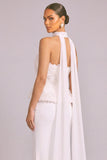 White Mermaid Strapless Floral Long Formal Dress with Neck Scarf