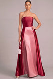 Burgundy Satin A-Line Strapless Long Ruched Formal Dress