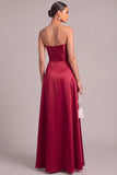 Burgundy Satin A-Line Strapless Long Ruched Formal Dress