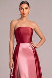 Burgundy Satin A-Line Strapless Long Ruched Formal Dress