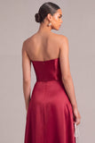 Burgundy Satin A-Line Strapless Long Ruched Formal Dress