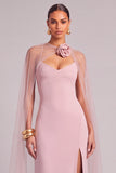 Floral Pink Mermaid Spaghetti Straps Long Formal Dress with Cape