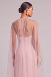 Floral Pink Mermaid Spaghetti Straps Long Formal Dress with Cape