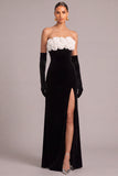 Black Velvet Mermaid Strapless Long Formal Dress with 3D Flower