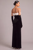 Black Velvet Mermaid Strapless Long Formal Dress with 3D Flower