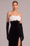 Black Velvet Mermaid Strapless Long Formal Dress with 3D Flower