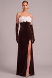 Black Velvet Mermaid Strapless Long Formal Dress with 3D Flower