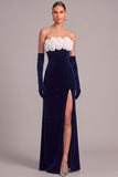 Black Velvet Mermaid Strapless Long Formal Dress with 3D Flower