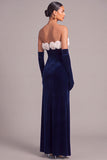 Black Velvet Mermaid Strapless Long Formal Dress with 3D Flower