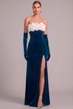 Black Velvet Mermaid Strapless Long Formal Dress with 3D Flower