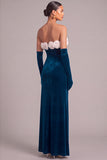 Black Velvet Mermaid Strapless Long Formal Dress with 3D Flower