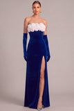 Black Velvet Mermaid Strapless Long Formal Dress with 3D Flower