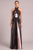 Black Halter Mermaid Long Appliqued Formal Dress with Neck Scarf