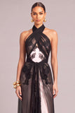 Black Halter Mermaid Long Appliqued Formal Dress with Neck Scarf