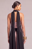 Black Halter Mermaid Long Appliqued Formal Dress with Neck Scarf