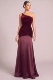 Burgundy One Shoulder Mermaid Ruched Velvet Long Formal Dress