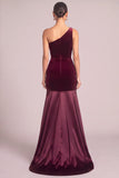 Burgundy One Shoulder Mermaid Ruched Velvet Long Formal Dress