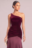 Burgundy One Shoulder Mermaid Ruched Velvet Long Formal Dress