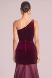 Burgundy One Shoulder Mermaid Ruched Velvet Long Formal Dress