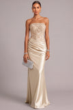 Champagne Satin Mermaid Strapless Ruched Long Formal Dress with Appliques