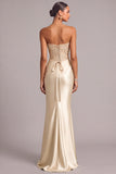 Champagne Satin Mermaid Strapless Ruched Long Formal Dress with Appliques