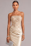 Champagne Satin Mermaid Strapless Ruched Long Formal Dress with Appliques