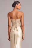Champagne Satin Mermaid Strapless Ruched Long Formal Dress with Appliques