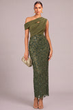 Sparkly Army Green Sheath One Shoulder Sequins Long Formal Dress
