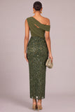 Sparkly Army Green Sheath One Shoulder Sequins Long Formal Dress