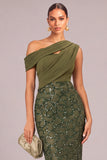 Sparkly Army Green Sheath One Shoulder Sequins Long Formal Dress