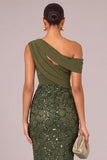 Sparkly Army Green Sheath One Shoulder Sequins Long Formal Dress