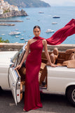 Burgundy One Shoulder Ruched Mermaid Long Formal Dress with Neck Scarf