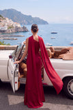 Burgundy One Shoulder Ruched Mermaid Long Formal Dress with Neck Scarf