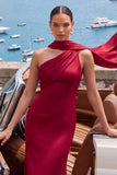 Burgundy One Shoulder Ruched Mermaid Long Formal Dress with Neck Scarf